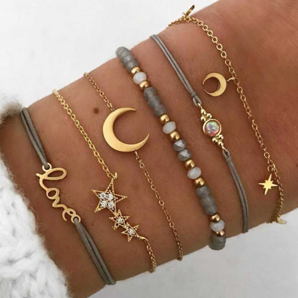 Fashion 4PCs Gothic Black Feather Lotus Bracelets Set Heart Charm Boho Bangles For Women Wrist Chain Bracelets GC540
