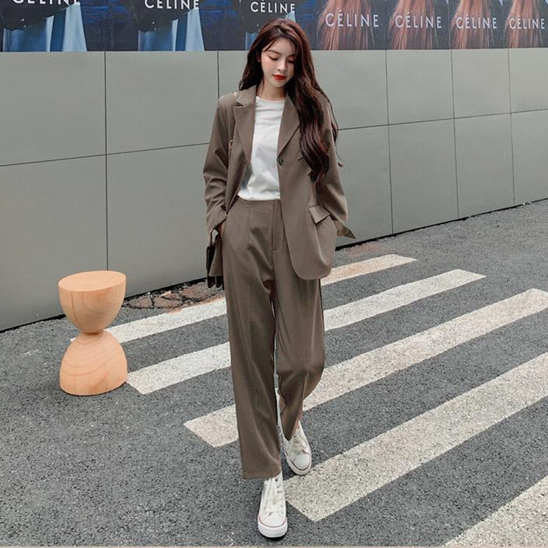 Autumn Women Blazer Pants Suit OL Elegant Work Wear Casual Long Sleeve Blazers + Suits 2 Piece Sets 210421