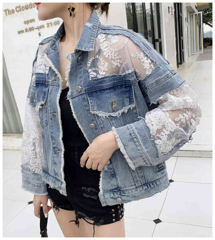 Fashion Women Hole Denim Jackets Coat Spring Summer Jean Patchwork Lace Embroidery Thin Loose Jackets 210518