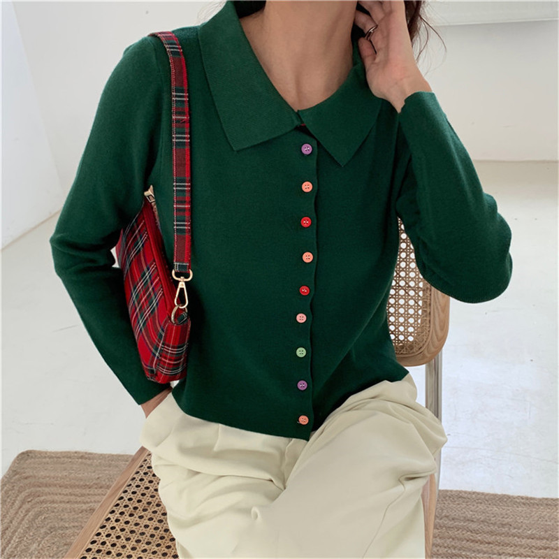OL Single-breasted Slim-fit Tops Bottoming Sweater Women Spring Autumn Elegant Lapel Knitted Cardigan Sweaters 210421