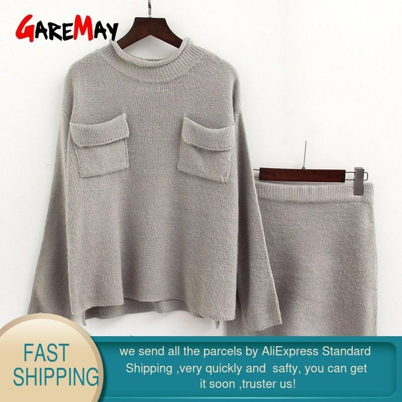 Two Piece Set Winter Office Wear O-Neck Knit Sweater Skirt Women Fasion Womens s For Clothing 210428