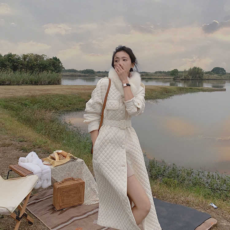 Bella Winter Long Straight Coat Rhombus Pattern Casual Sashe Parkas Pockets Argyle Long Plaid Bubble Jacket 210819