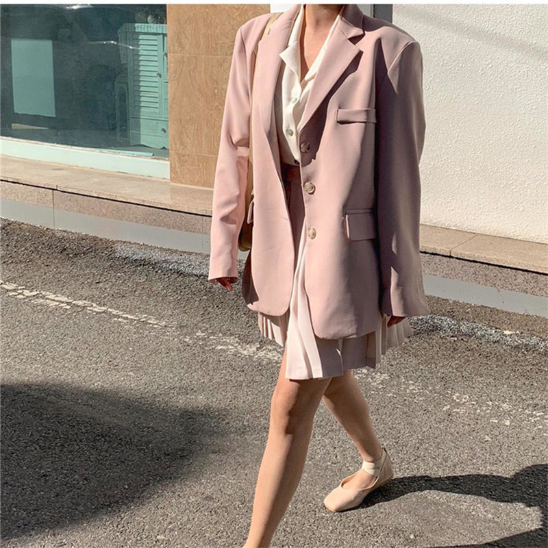 Gentle Pink Full Sleeves All Match Autumn Slender Chic Loose Plus Size Streetwear High Quality OL Women Blazers 210421