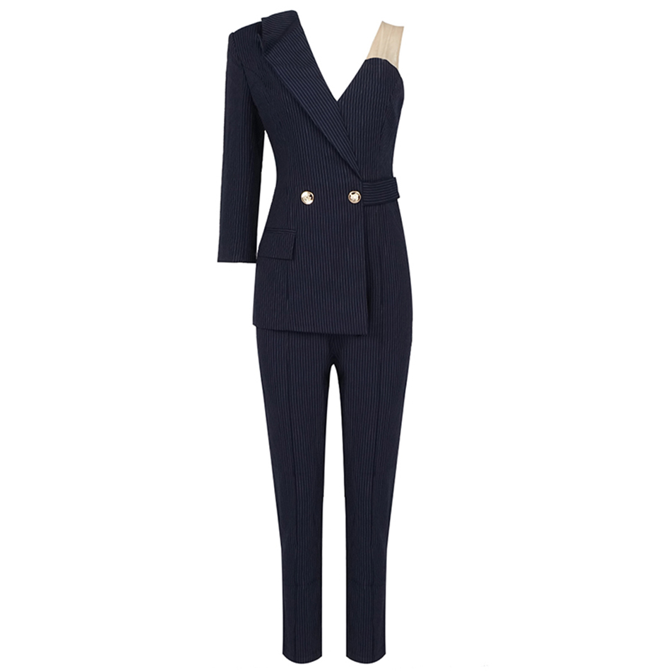 Free Office OL Women's Striped Jumpsuit Sexy V-neck One Shoulder Sleeve Celebrity Club Party 210524