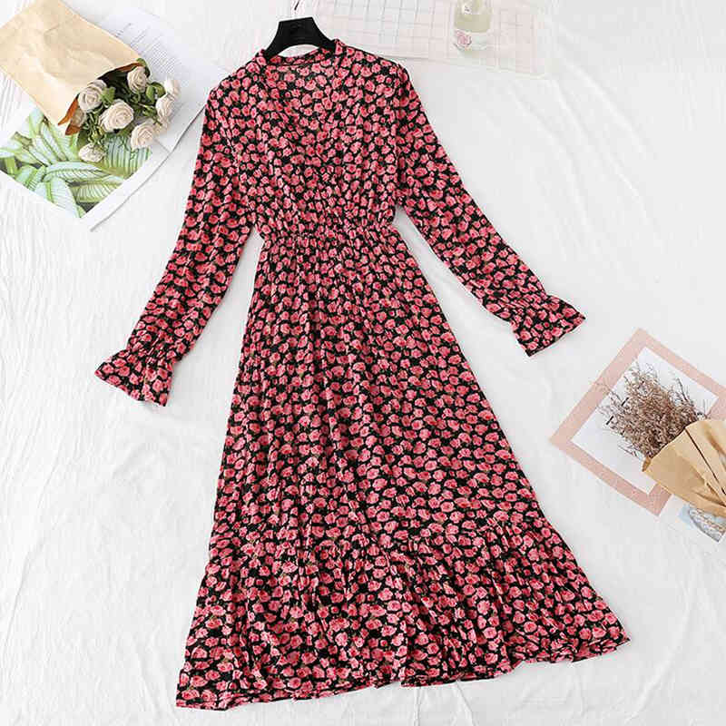 Elegant Chiffon Pleated Midi Dress Spring Fashion Women Long Sleeve Ruffles Print Dresses Elastic Waist Vintage Vestidos 210521