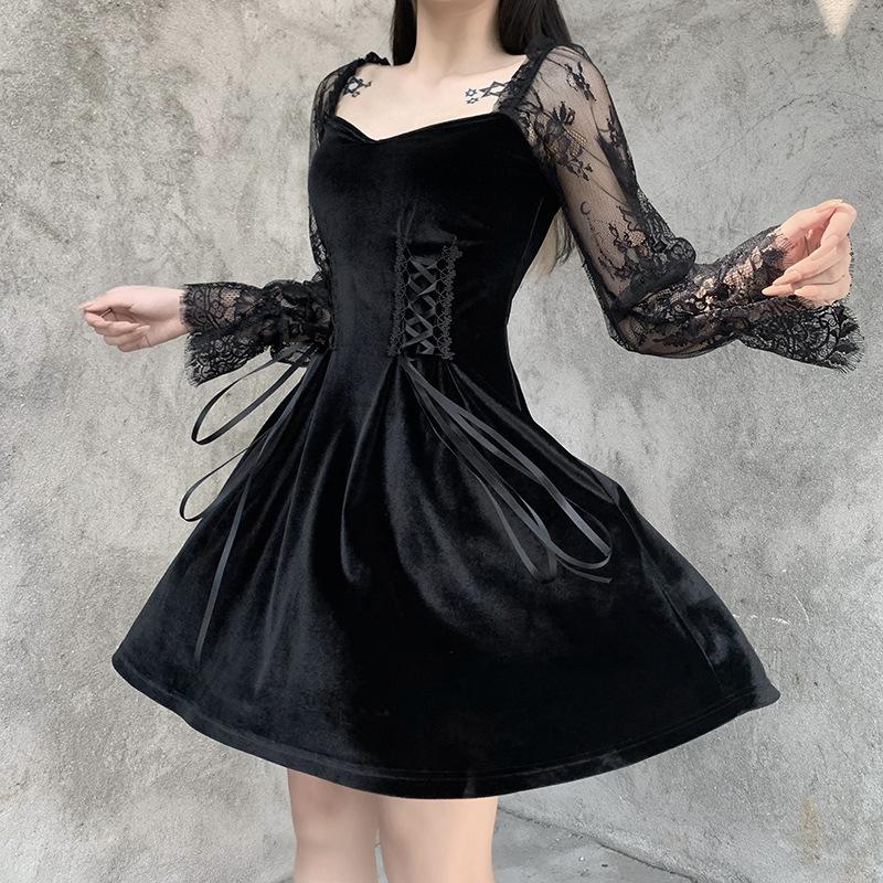 Lolita Style Harajuku Womens Slim Dress Sexy Long Sleeve Bandage Patchwork Lace Party Female Mini Short Dresses Casual