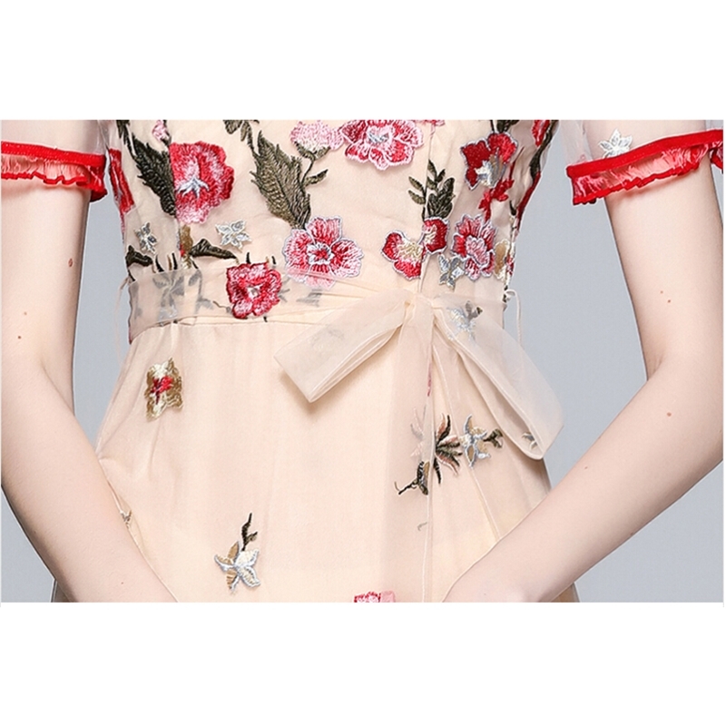 Fashion Summer Dress Women's Mesh Embroidery Flowers Vintage Elegant Temperament Dresses Vestidos 210520