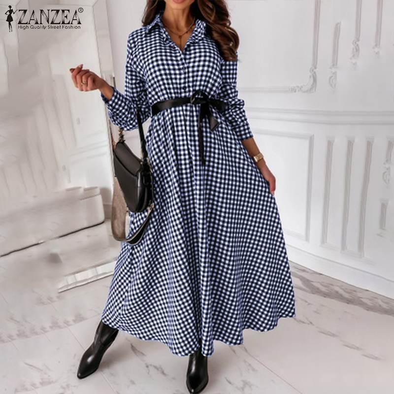 Plaid Print Lapel Robe Holiday Female Belted Dresses Spring Autumn Office Lady Vestido Womens Vintage Maxi Dress Oversize Casual