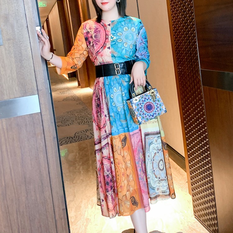 Spring Elegant Fashion Art Print Dresses Vintage Women O-Neck High Waist Casual Big Swing Dress With Belt Vestidos 210519