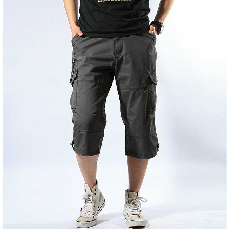 Male Shorts Multi Pocket Summer Loose Zipper Breeches Khaki Grey Plus Size Short Pant Casual Cotton Black Long Mens Cargo 210629
