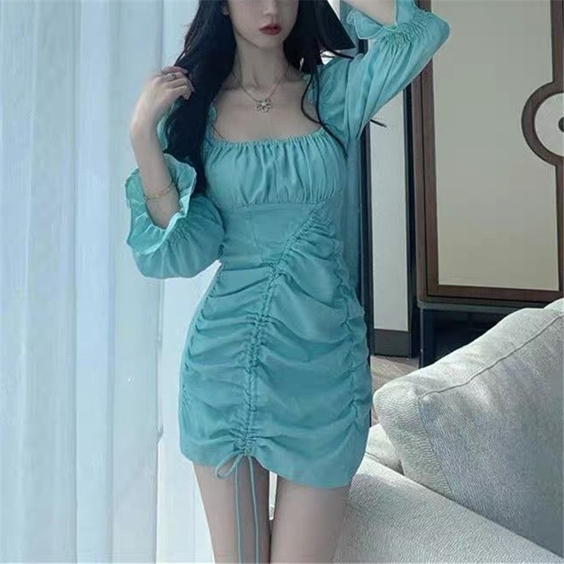 Elegant Women Chic Draped Dress Fashion Ladies Square Collar Slim Vestidos Sweet Female Sexy Drawstring Mini Dresses 210430