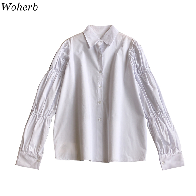 Korean Chic Women Blouses Fashion Female Shirts Single Breasted Puff Long Sleeve White Casual Blusas Mujer 210519