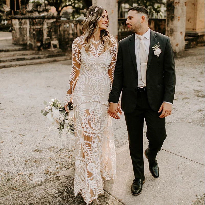 Bohemian Lace Wedding Dresses Bridal Gowns Long Sleeve Low Backless Chic Noivas Boho Rue de Soriee