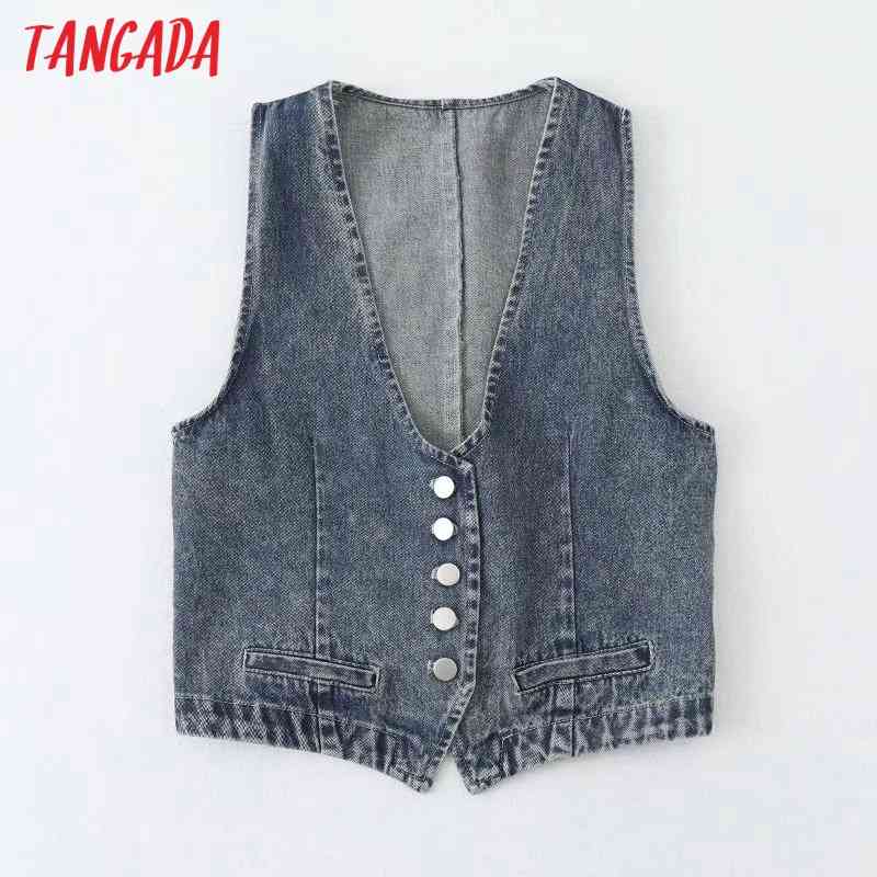 Women Vintage Blue Denim Waistcoat Vest V Neck Sleeveless Female Tops 5B12 210416
