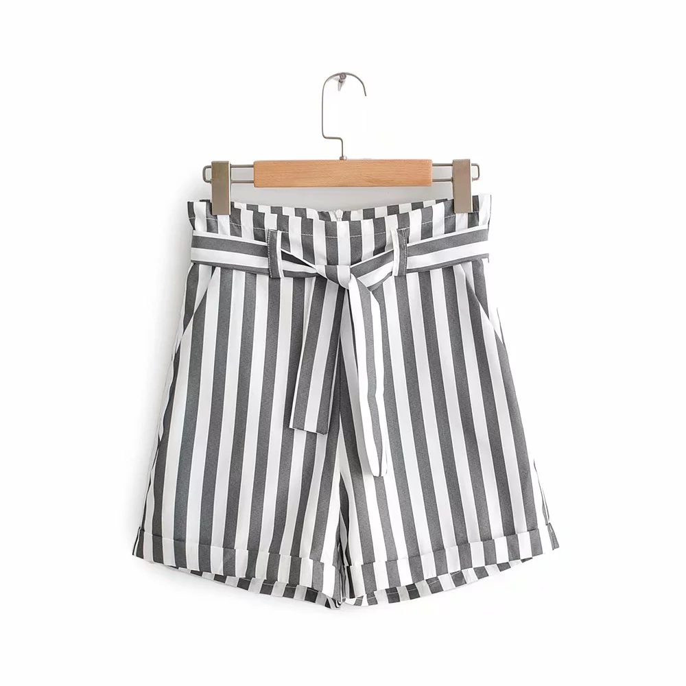 Women Fashion Striped Print Gray White Short Pants Female Casual High Waist Bow Belt s Beach Streetwear Trousers 210421