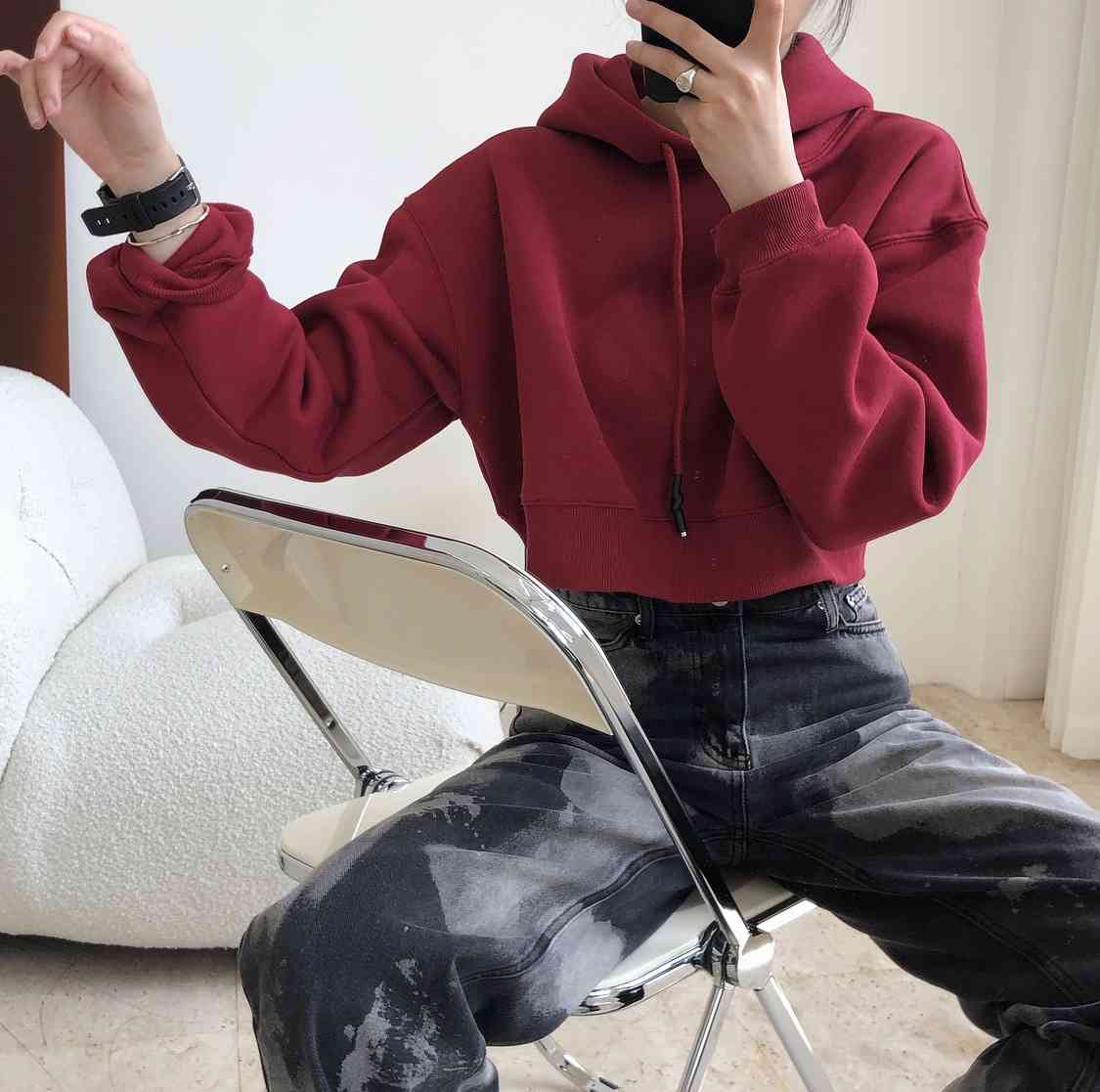 Nomikuma Autumn Winter Fleece Short Hooded Pullover Sweatshirt Causal Long Sleeve Women Jumper New Korean Hoodies Top 6D588 210427