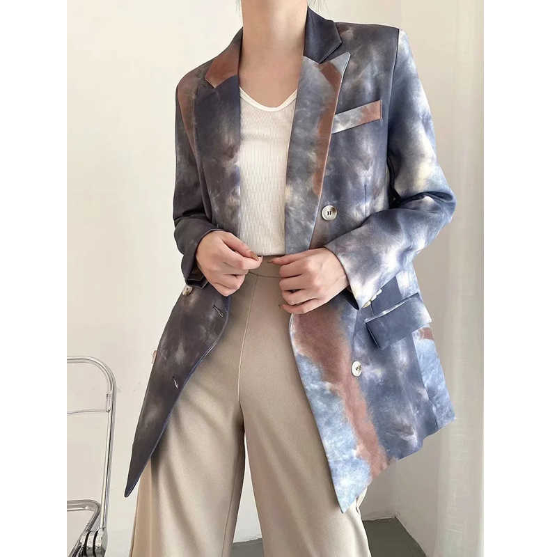 XITIMEAO Women Fashion Office Wear Retro Tie Dye Printed Suit Blazer Coat Vintage Pockets Female Outerwear Chic Tops 210602