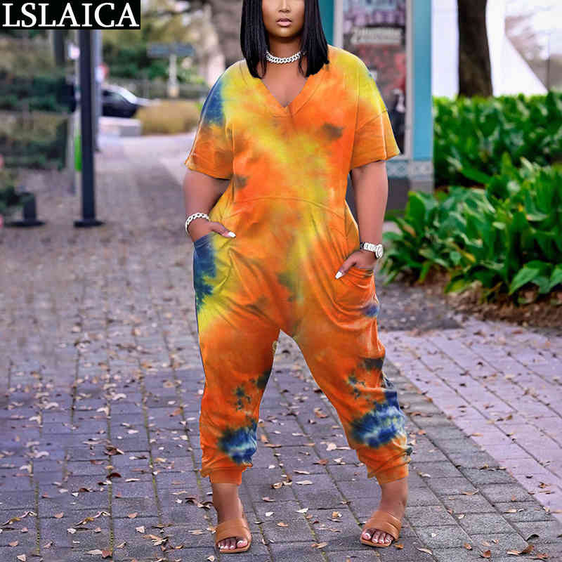 Summer Women's Clothing Jumpsuit Female Short Sleeve V Neck Tie Dye Print Plus Size Romper S-5XL Casual 210515