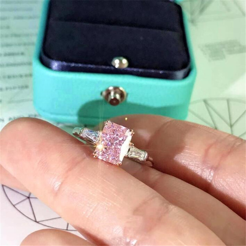 Choucong Ins Top Sell Wedding Ring Handmade Jewelry Solitaire Princess Cut Pink Topaz Dia Eternity Statement Women Engagement Band Rings For Lover Gif