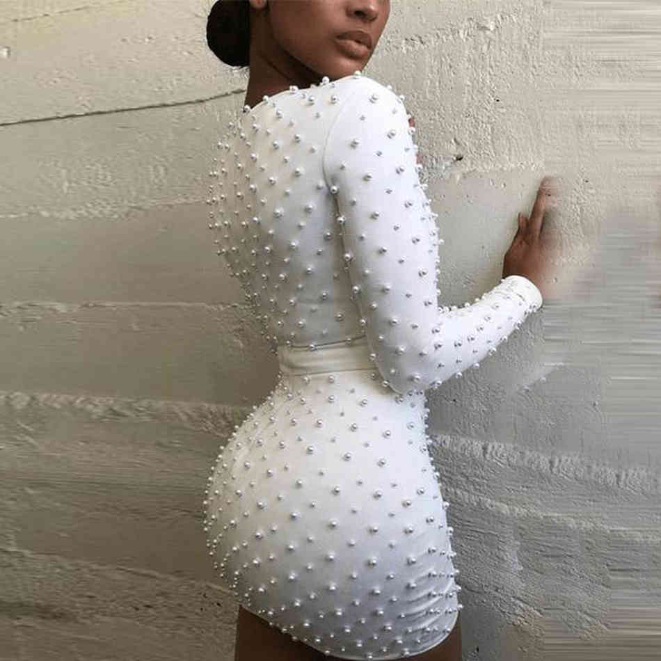 Free Autumn White Beaded Dresses Women O-neck Long Sleeve Sexy Bodycon Mini Dress Party Club Vestidos 210524