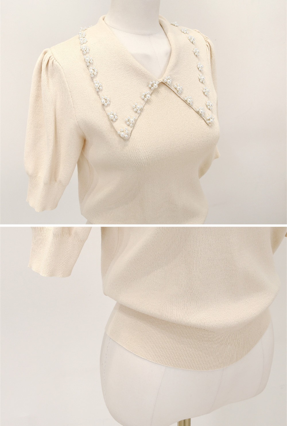 Pearl Beading Knitted T Shirt Tops Women Summer Short Sleeve Turn-down Collar Pullover Solid Slim Korean Fashion Female T-shirt 210514