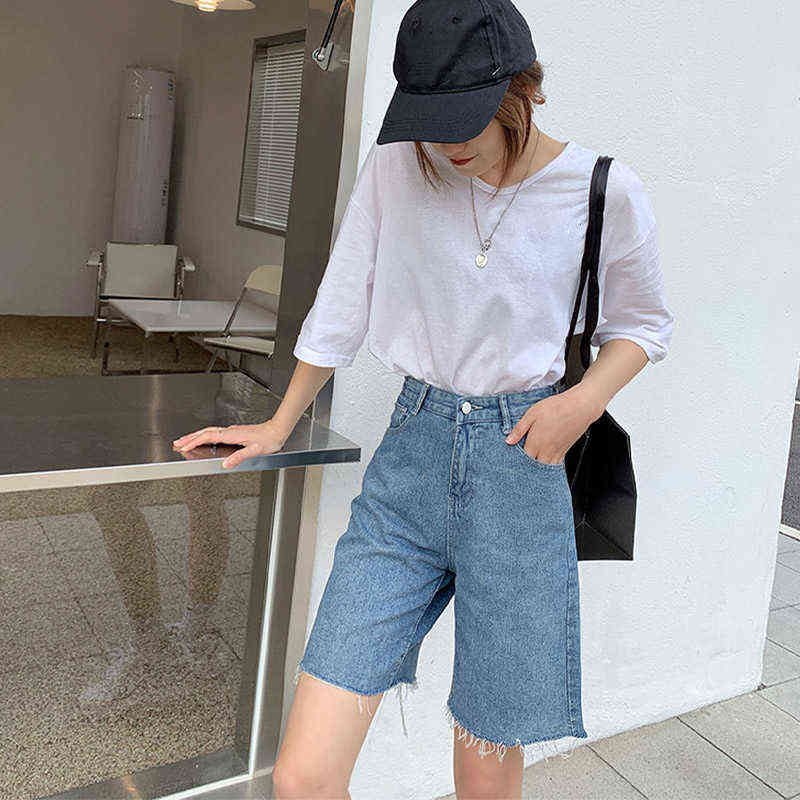 High Waist Slim Denim Shorts Bermuda Plus Size Woman Fashion Tassel Tight Five-point Washed Sexy Female Summer 210714