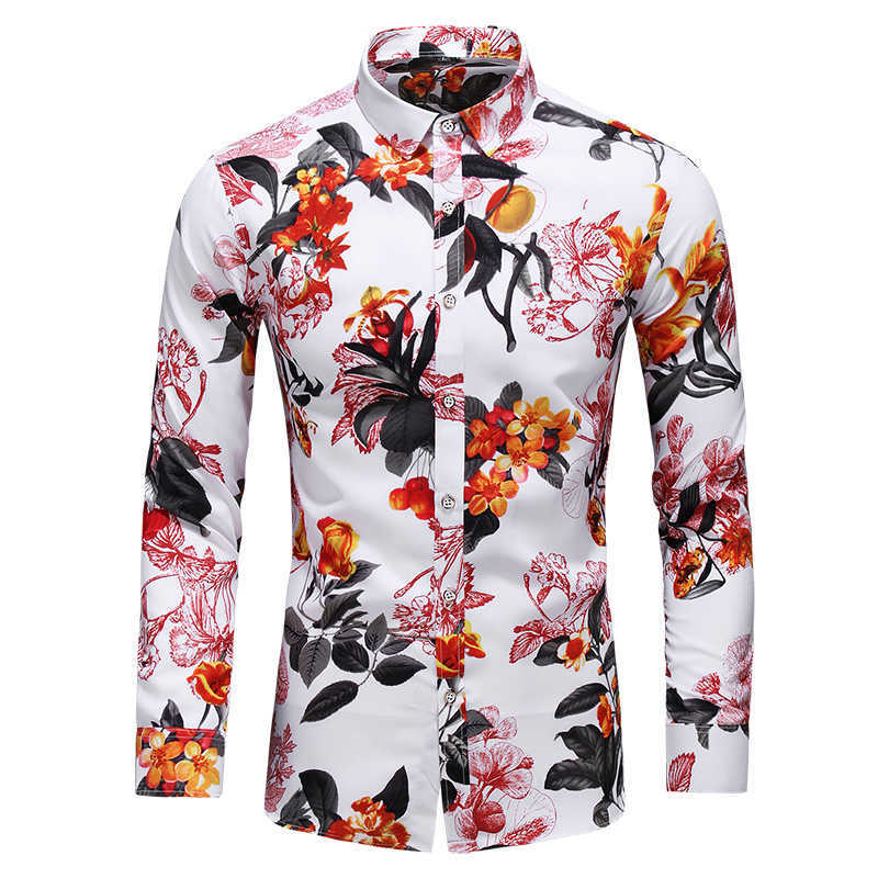 Plus Size 5XL 6XL 7XL Long Sleeve Flowers Shirts Autumn Men's Button Down Social Hawaiian Floral Shirt Business Shirts 210528
