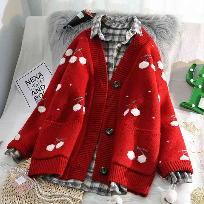 Fruit Cherry Embroidery Knitted Cardigan Autumn V Neck Oversize Woman Sweater Jacket Winter Warm Knitwear 210429