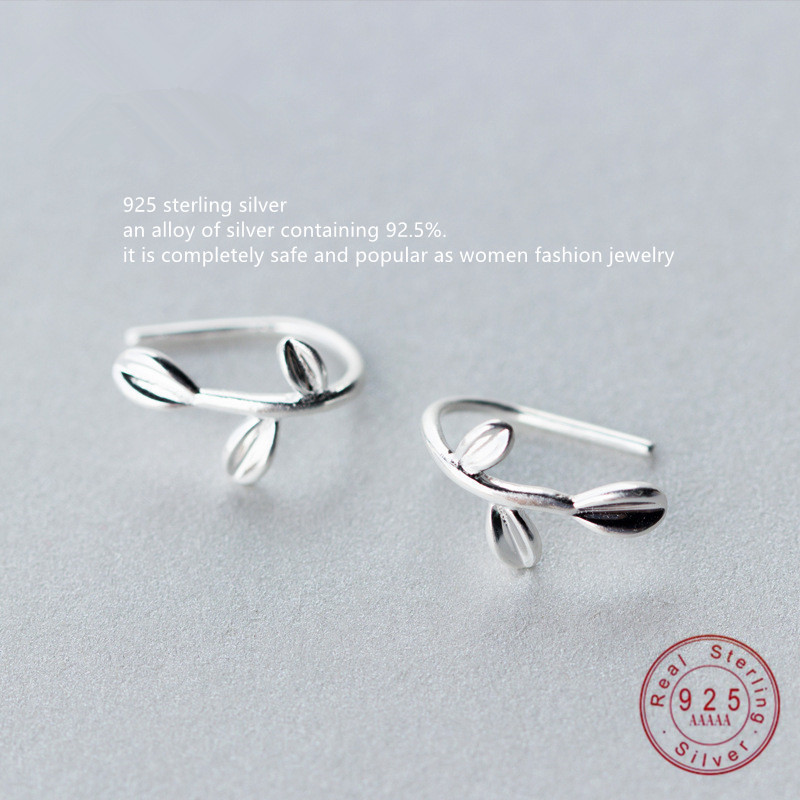 WANTME Trendy Korean 100% 925 Sterling Silver Leaf Stud Earrings for Women Girls Punk Minimalist Leaves Ear Hook Jewelry Brincos 210507