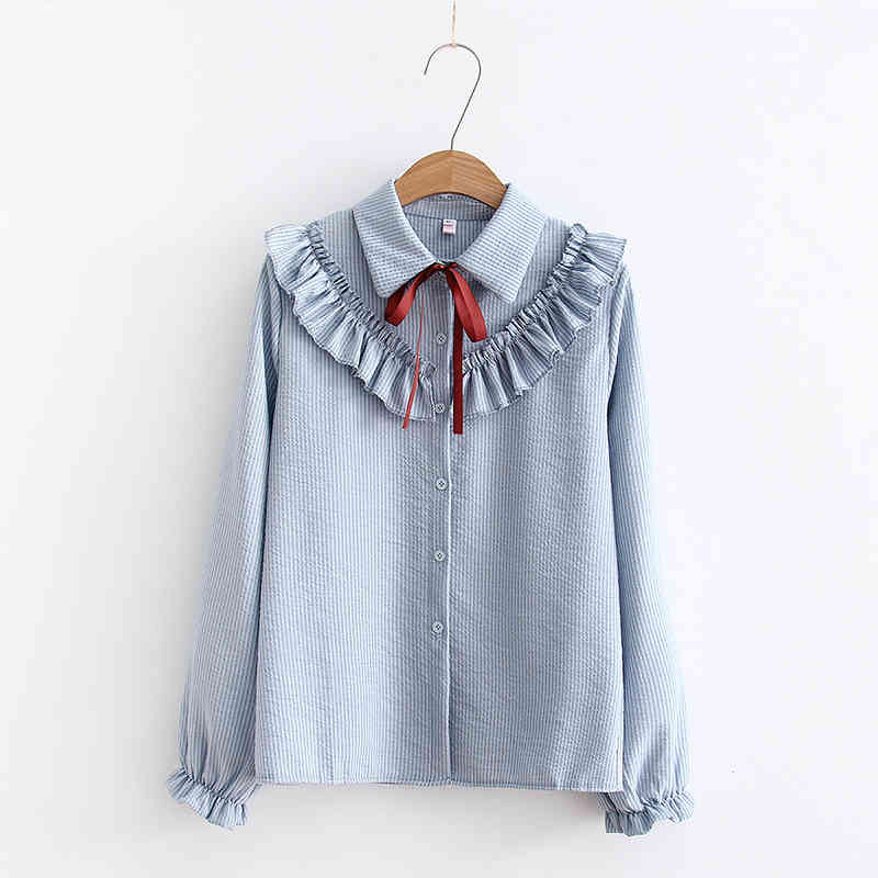 Fashion Women Chiffon Blouses Long Sleeve Bow Ruffles Shirt Casual Striped Clothing Office Lady shirts 5141 50 210427