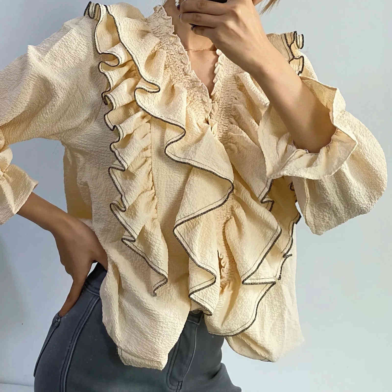Elegant Spring Pleated Cascading Ruffle Fashion V-neck Sweet Blouse Za Streetwear Elastic Agaric Lace Chic Female Shirt 210521, Apricot
Elegant Spring Pleated Cascading Ruffle Fashion V-neck Sweet Blouse Za Streetwear Elastic Agaric Lace Chic Female Shirt 210521, Apricot