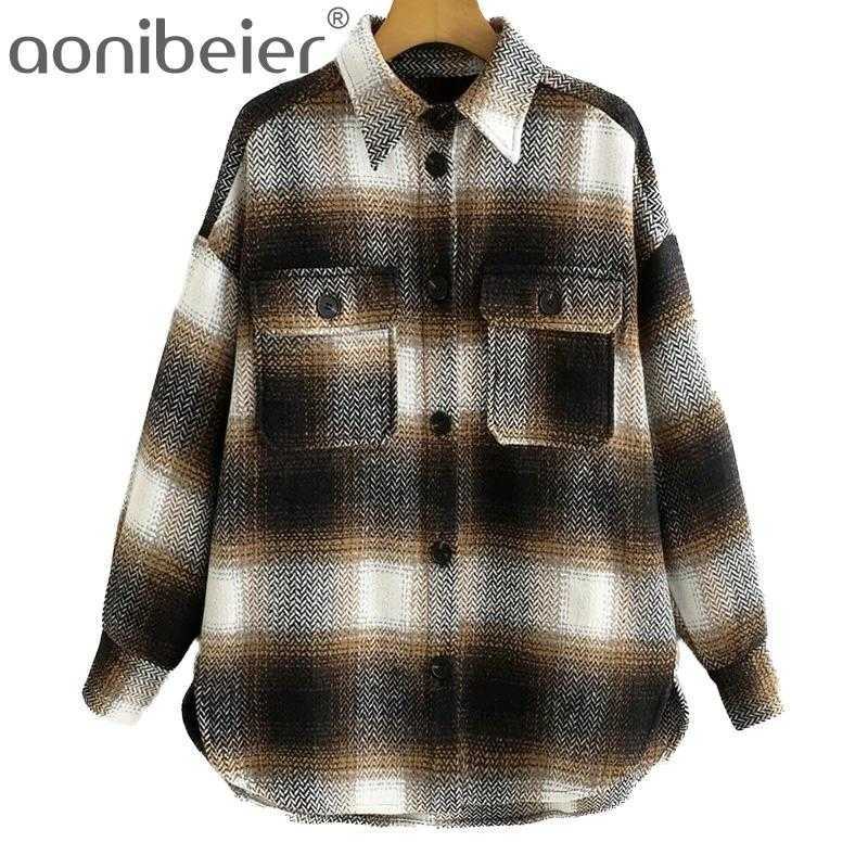 

Checked Blouses Spring Autumn Thick Casual Women Plaid Shirt Turn Down Collar Long Sleeve Loose Button Tops 210604, Wine