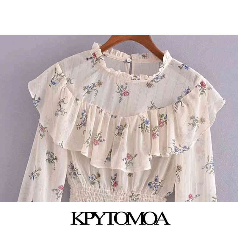 Women Fashion Floral Print Ruffled Cropped Blouses Long Sleeve Smocked Hem Female Shirts Blusas Chic Tops 210420