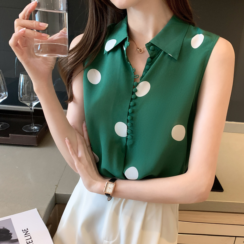 Summer Sleeveless Polka Dot Shirt Woman Casual Printing Women Clothing Button Turn Down Collar Female Blouse Blusas 14452 210508