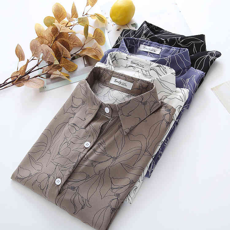 Women Shirts Blusas Feminine Spring Cotton Flower Long Sleeve Shirt Printing Pendulous Chiffon Top Female clothes 707G 210420