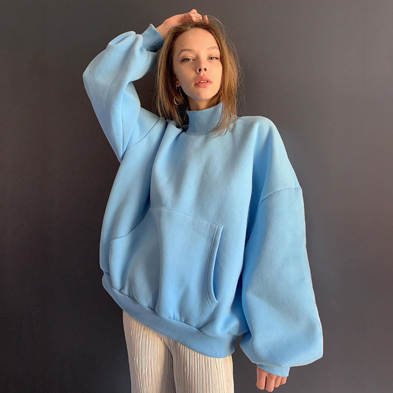 women's fashion 65% Cotton sweatshirt street trend basic solid color loose pocket long sleeve top christmas Womens 210508