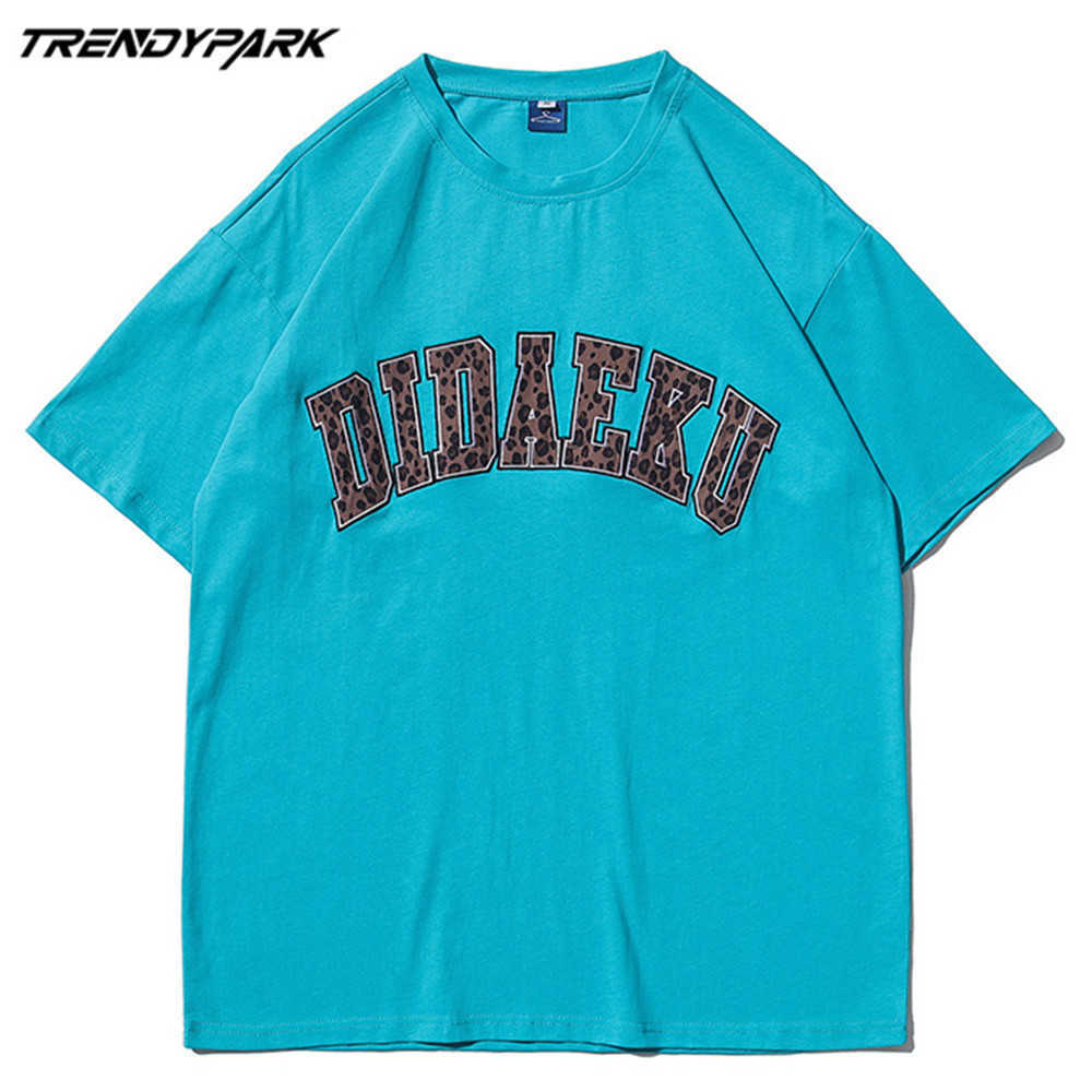 Men's T-shirt Summer Short Sleeve Leopard Embroidery Letters Tee Hip Hop Oversized Cotton Casual Harajuku Streetwear Top Tshirts 210601