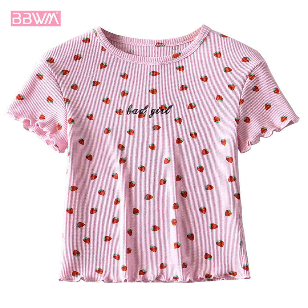 Sexy Navel Strawberry Round Neck Short Sleeve Chic Women's T-shirt Harajuku Pullover High Waist Slim Wood Fungus Women's Tops 210507
