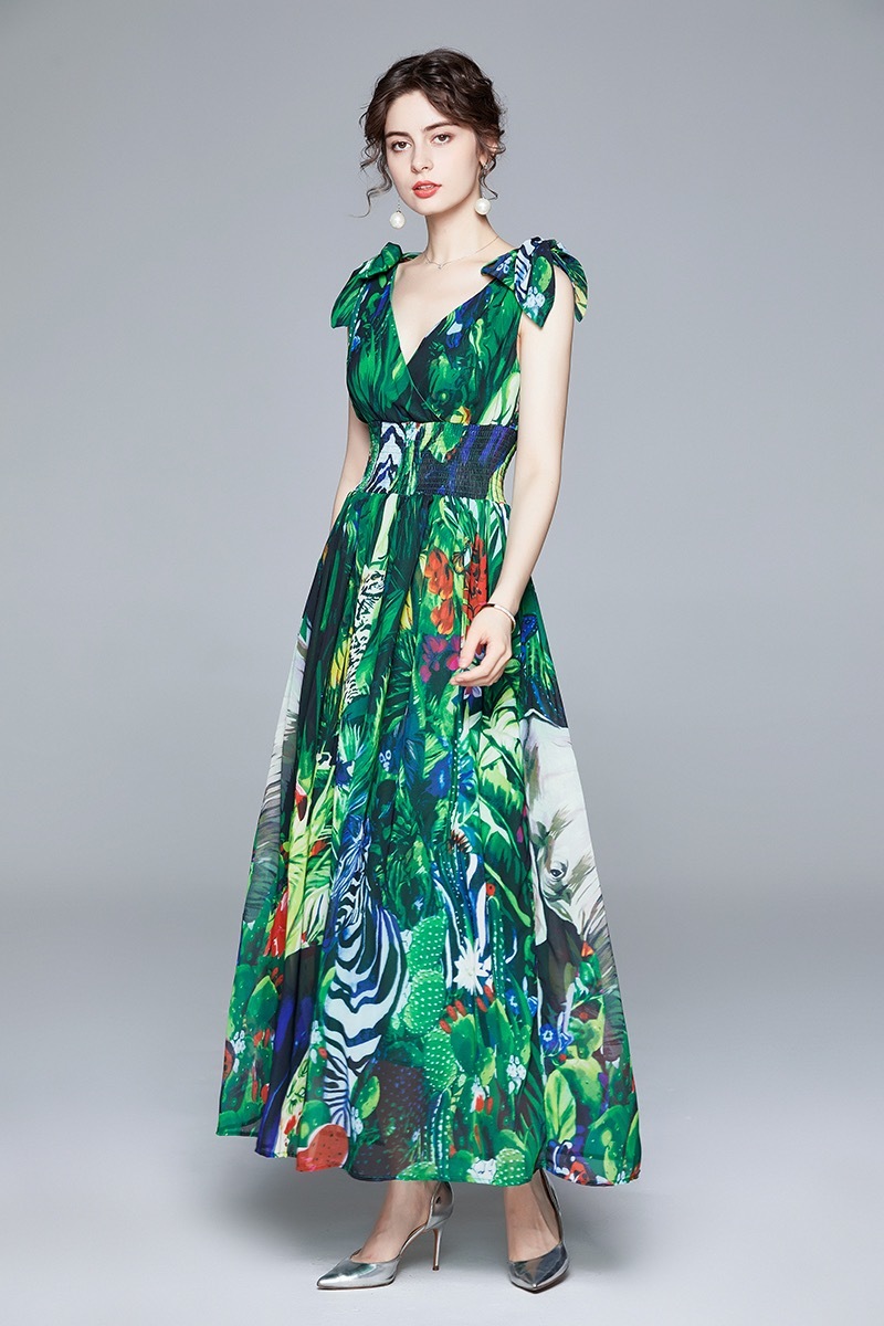 vintage tropical rainforest printed v-neck lace up high waist chiffon maxi dresses slim sleeveless bow party boho dress 210421