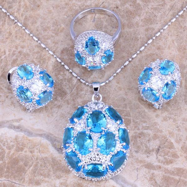 Earrings & Necklace Magnificent Blue Cubic Zirconia White CZ Silver Plated Jewelry Sets Pendant Ring Size 5 / 6 7 8 9 10 S0247, As pic 
Earrings & Necklace Magnificent Blue Cubic Zirconia White CZ Silver Plated Jewelry Sets Pendant Ring Size 5 / 6 7 8 9 10 S0247, As pic