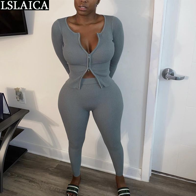 2 Piece Set Women Autumn Casual Outfits Long Sleeve Zipper Tops Woman Pants Sets Tracksuit Sportswear Sexy Skinny Sweat Suits 210515