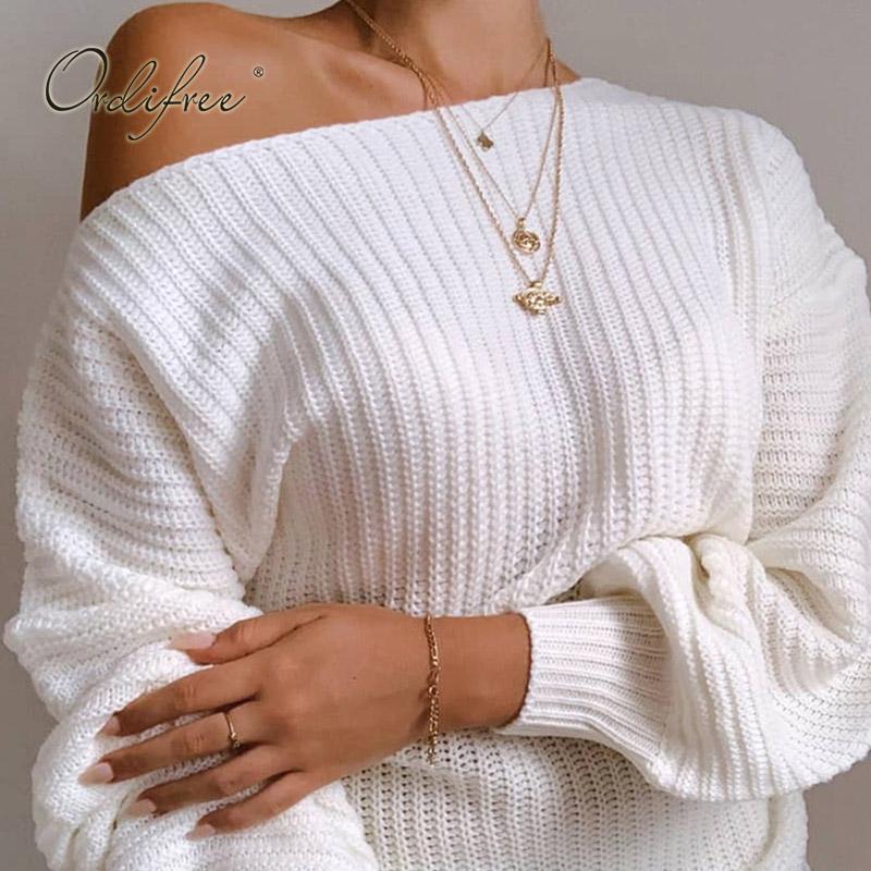 Ordifree 2021 Autumn Winter Women Knitted Dress Long Sleeve Sexy Loose White Sweater Casual Dresses