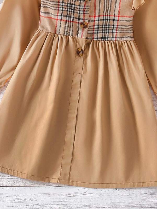 Toddler Girls Plaid Panel Ruffle Trim Shirt Dress SHE