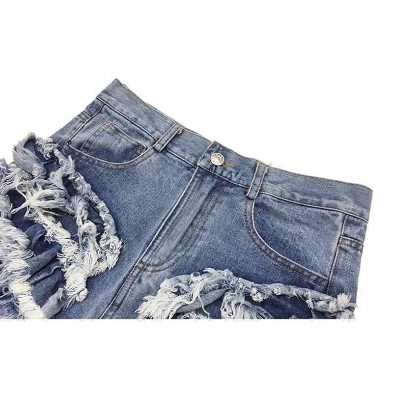 Patchwork Tassel Denim Shorts For Women High Waist Casual Sexy Female Fashionable Clothing Style 210521