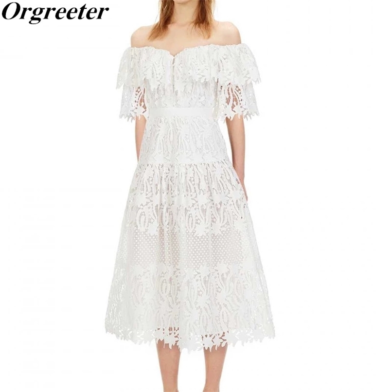 Summer Lace Hollow Ruffled Off-shoulder Short-sleeved Strapless Dress Women High waist Slim White 210602
Summer Lace Hollow Ruffled Off-shoulder Short-sleeved Strapless Dress Women High waist Slim White 210602