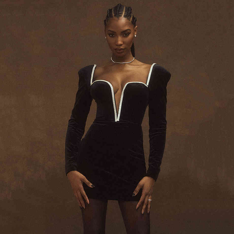 Free Chic Diamond-Edged Deep V Neck Dress Black Women Sexy Velvet Bodycon Club Evening Party Vestidos 210524