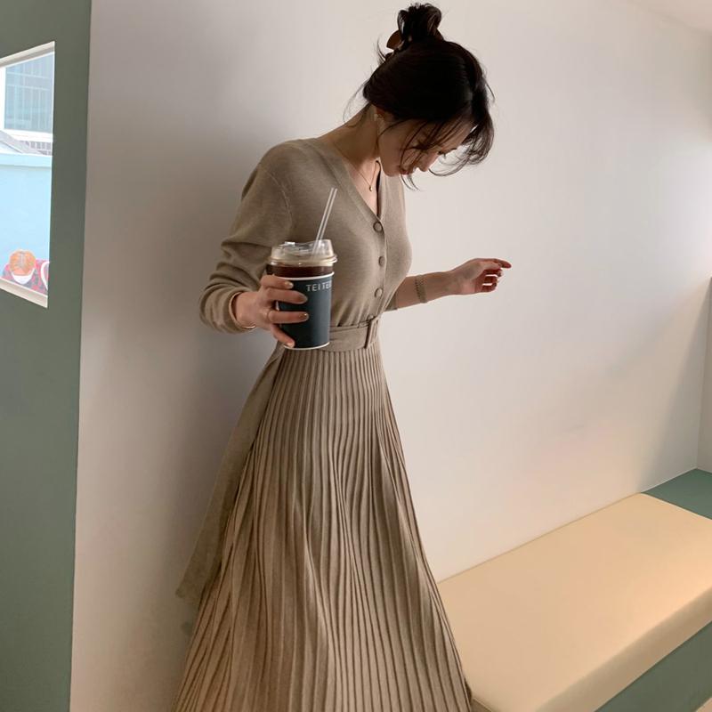 Elegant Dresses Women Solid Long Sleeve V-neck Knitted Sashes Slim Waist Pleated Woman Dress All-match Fashion Vestidos Female Casual