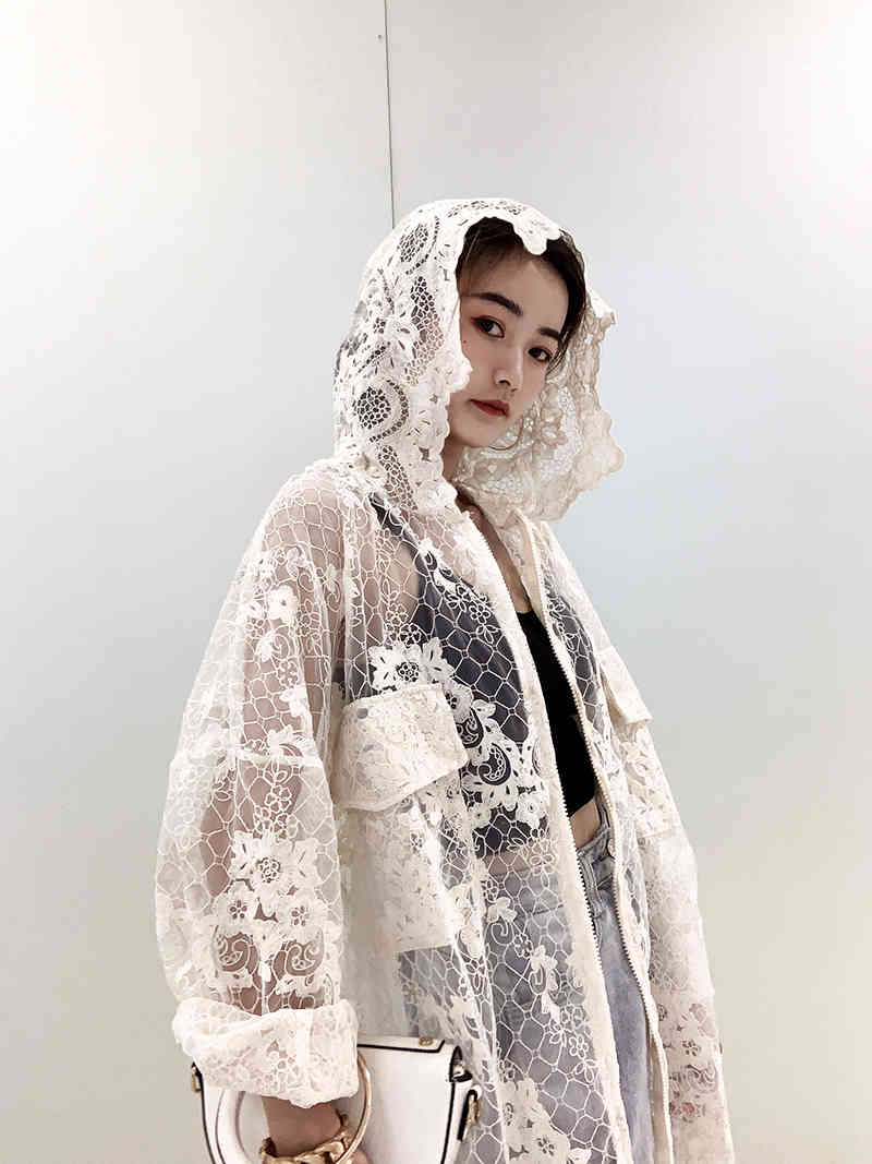 Summer Mesh Lace Embroidery Coat Sun Protection Shirt Seaside Vacation Lace-up Long Cardigan Hooded Women Zip 210506