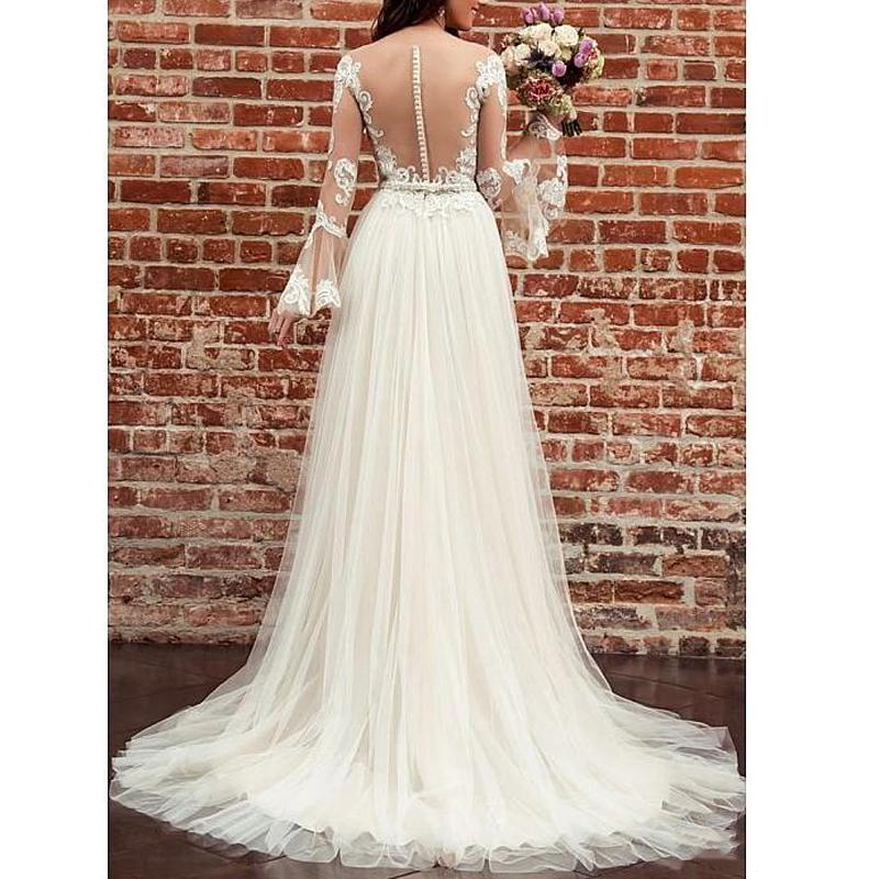 Flare Long Sleeve Bohemian Wedding Dresses A-e Bridal Gowns Appliques Lace See Through Sheer Back Sexy Boho Beach Bride Dress Vestidos Brautkleider