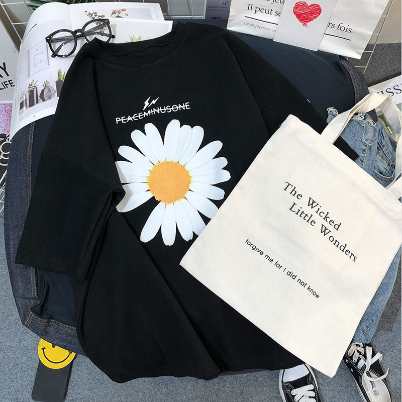 Summer Korea Fashion Women Short Sleeve Loose O-neck T-shirt Daisy Print Casual Tee Shirt Femme Tops 100% Cotton Plus Size S777 210512